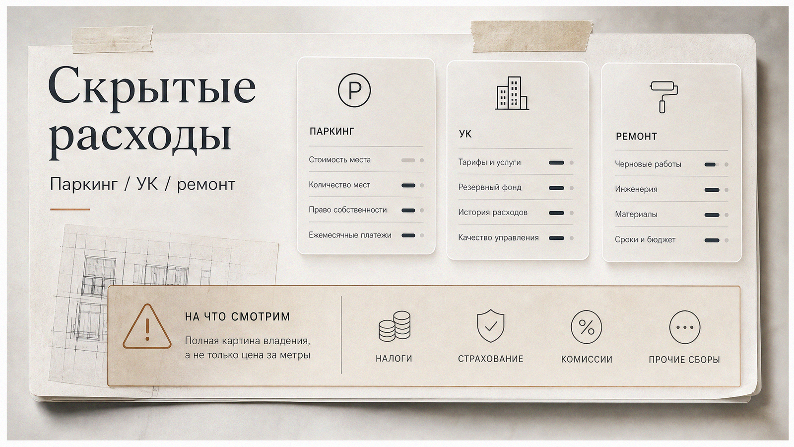 Скрытые расходы и проверка лота: паркинг, УК, налоги