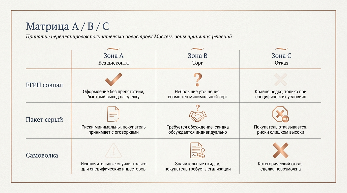 Матрица перепланировок: зона A без дисконта, B торг, C отказ