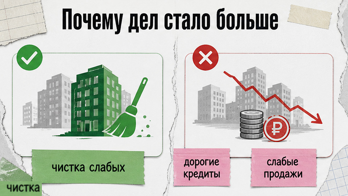 Схема: дорогие кредиты и слабые продажи давят на слабых застройщиков