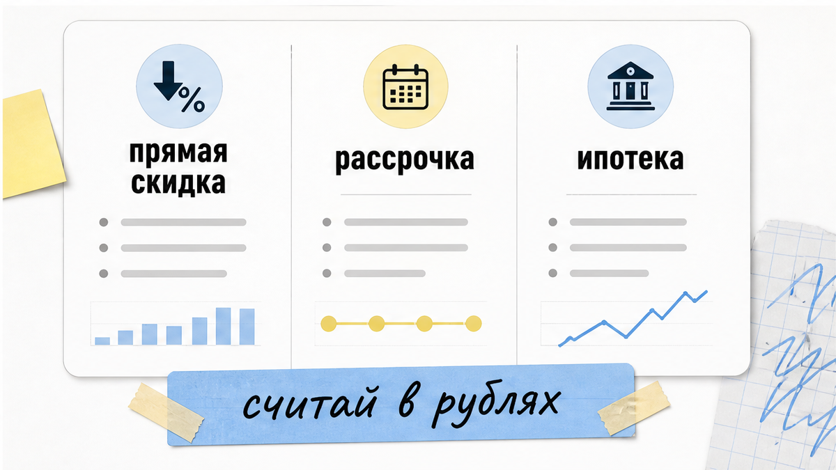 Сравнение: прямая скидка, рассрочка и ипотека на одном лоте