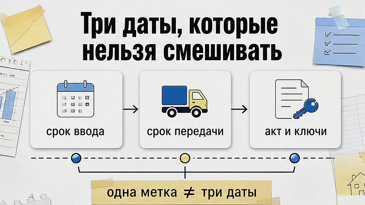 Схема трёх дат: ввод, передача по ДДУ и акт с ключами