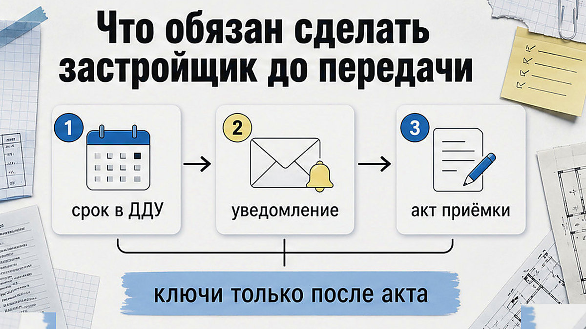 Схема шагов застройщика: срок в ДДУ, уведомление и акт приёмки