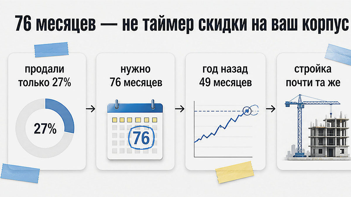 Схема: в миллионниках продано 27% стройки, на остатки нужно 76 месяцев