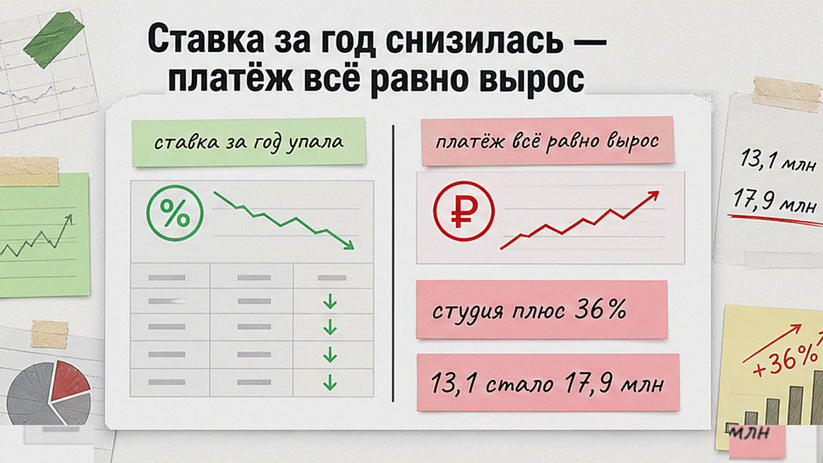 Схема: ставка за год снизилась, но платёж вырос из-за скачка цены студии