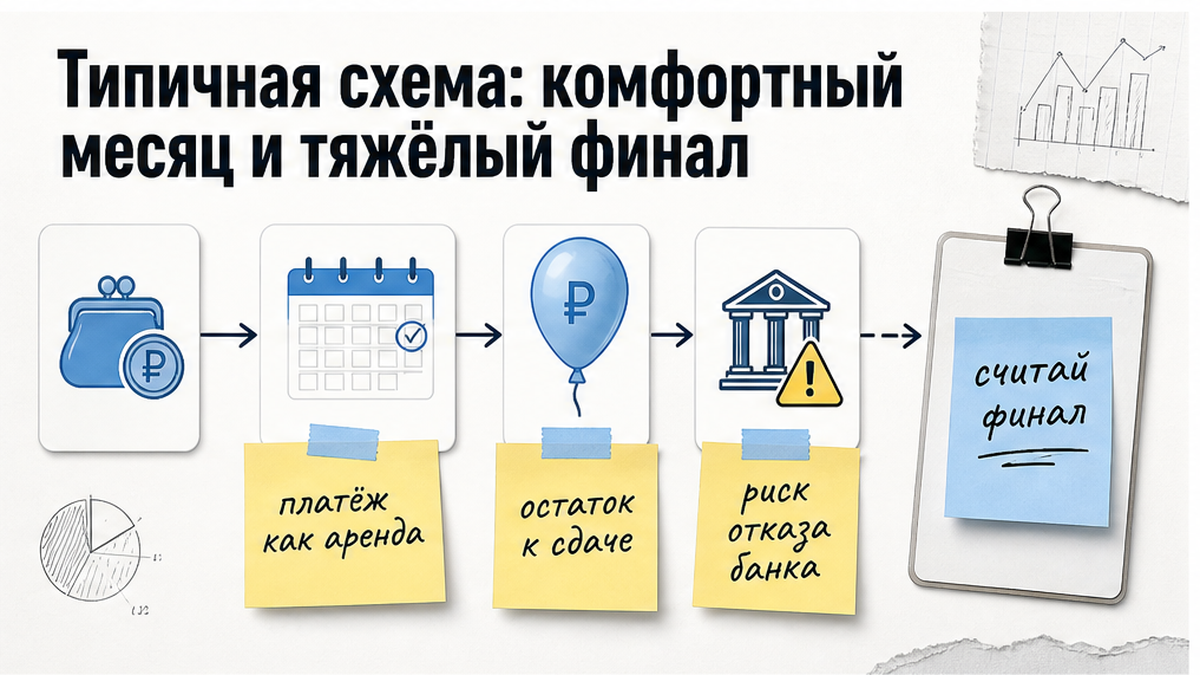 Схема типичной рассрочки: комфортный месяц и крупный остаток к сдаче