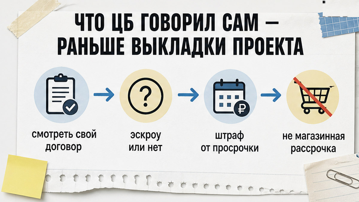 Схема тезисов ЦБ до выкладки проекта: договор, эскроу, штраф от просрочки, не магазинная рассрочка