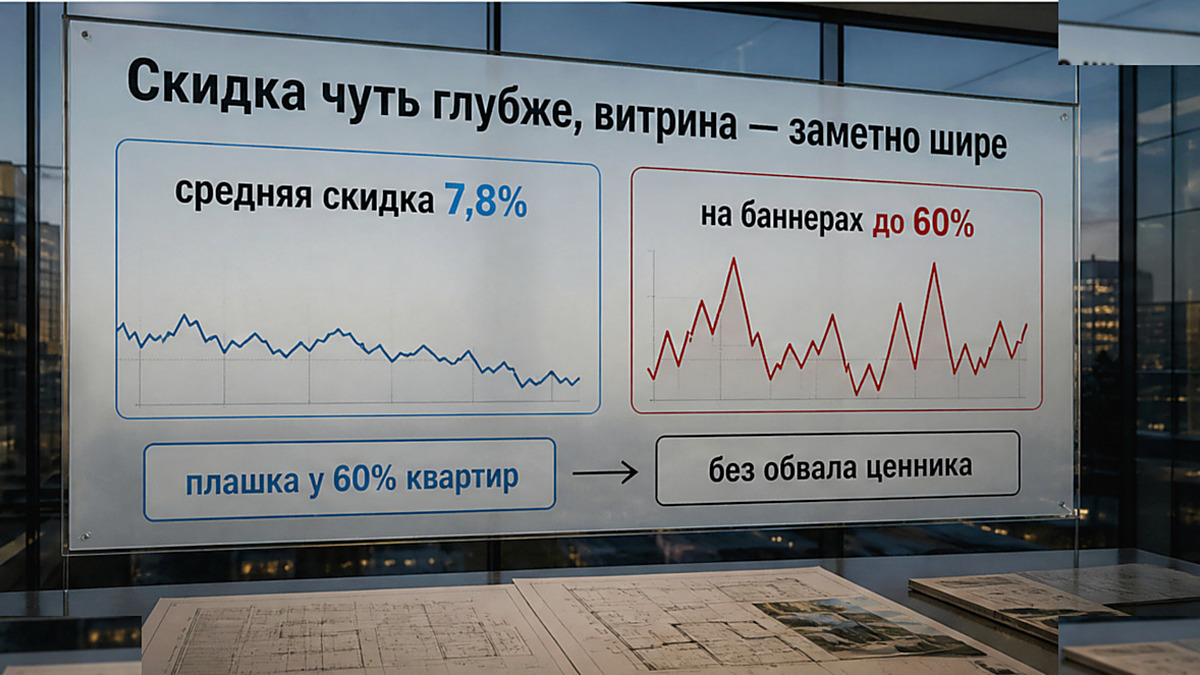 Схема: средняя скидка 7,8% против баннеров и доли квартир с плашкой