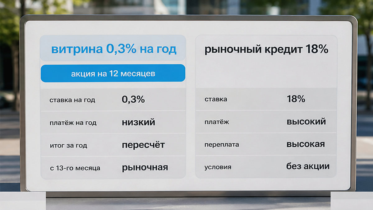 Инфографика: сравнение рекламной промо-ставки 0,3% на 12 месяцев и рыночной ставки по ипотеке