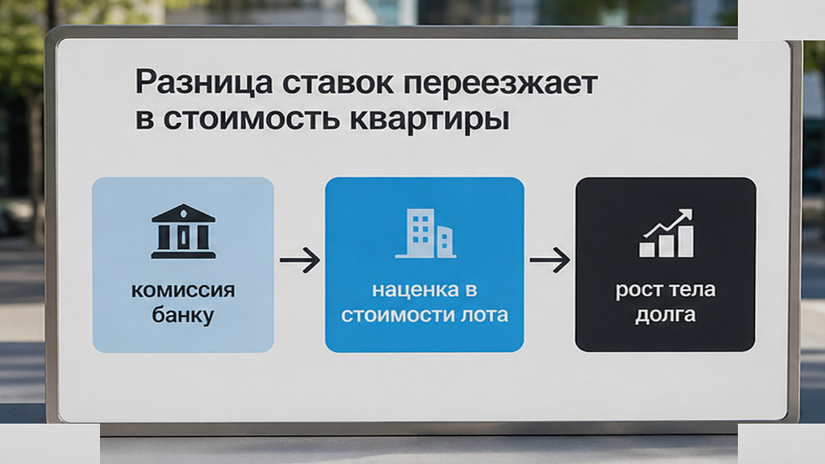 Схема механизма субсидирования: перенос банковской комиссии в стоимость квартиры и увеличение тела кредита