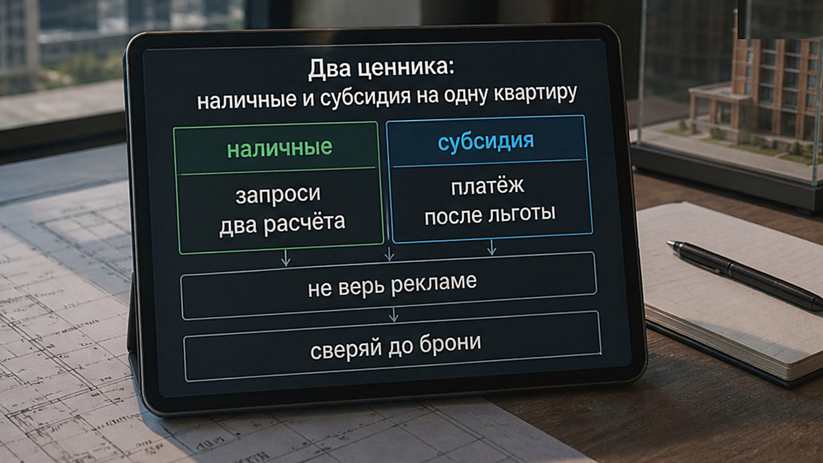 Иллюстрация: как сверить цену за наличные и по субсидии до брони