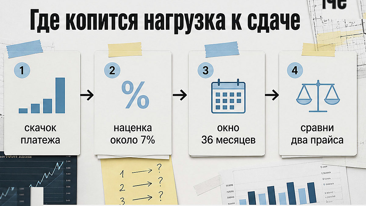 Схема нагрузки к сдаче: скачок платежа, наценка и окно 36 месяцев