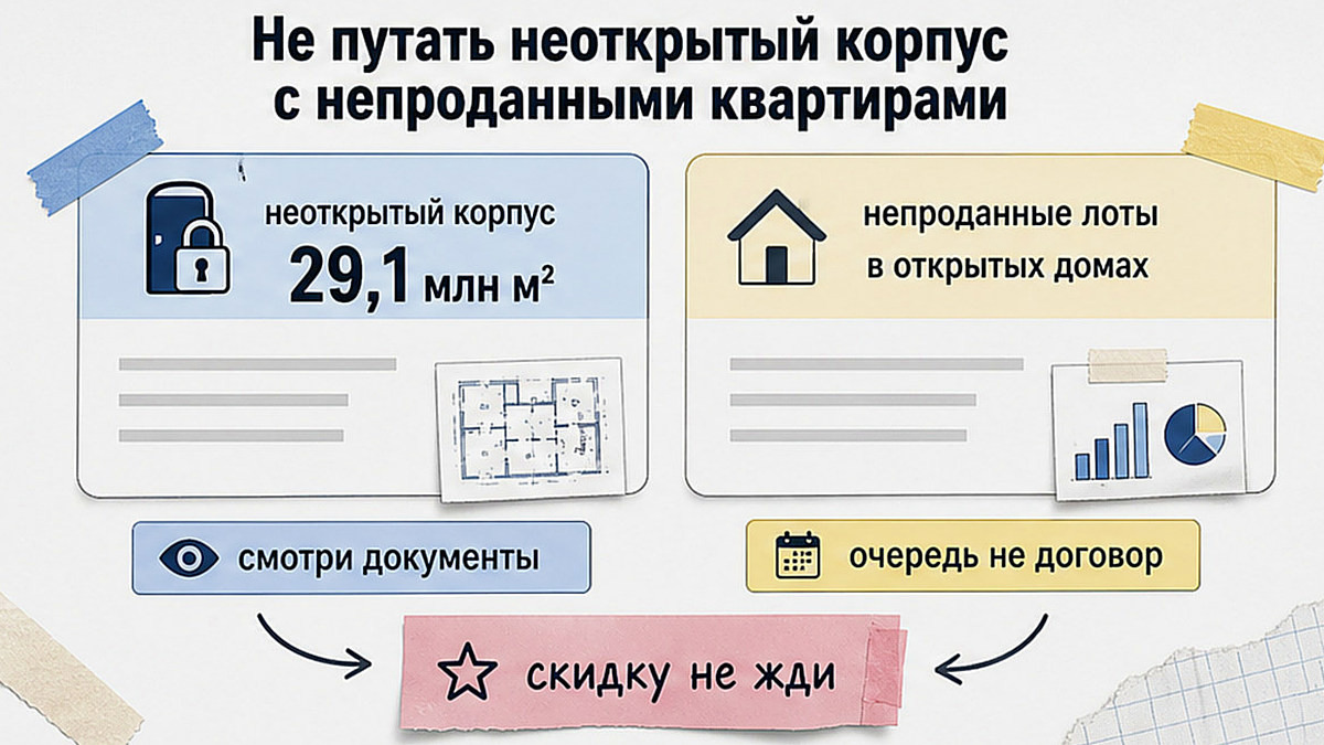 Схема: неоткрытый корпус и непроданные квартиры — разные вещи