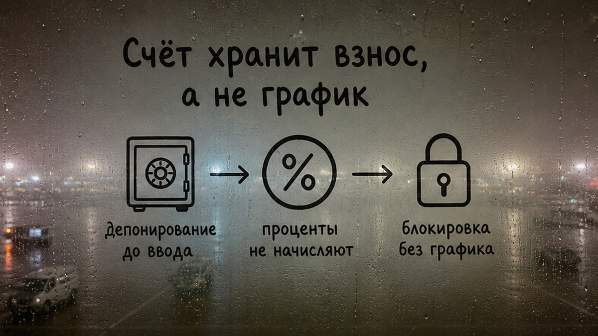 Схема: эскроу-счёт хранит взнос, а не график строительства