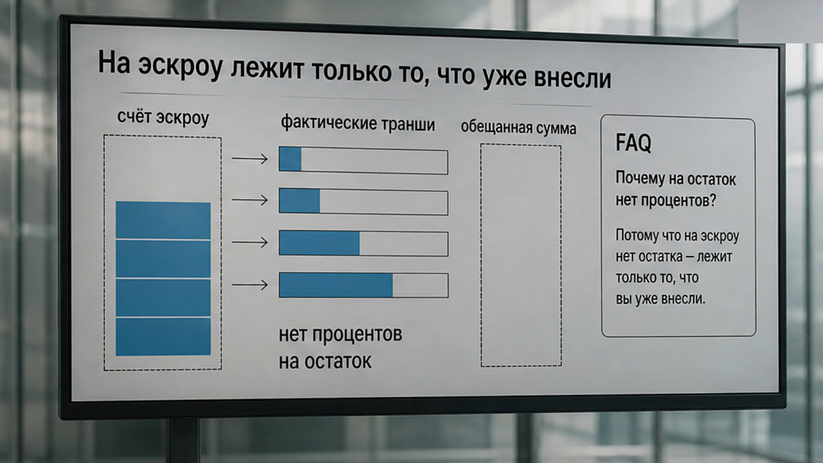 Схема эскроу-счёта: на счёте только внесённые транши, без процентов