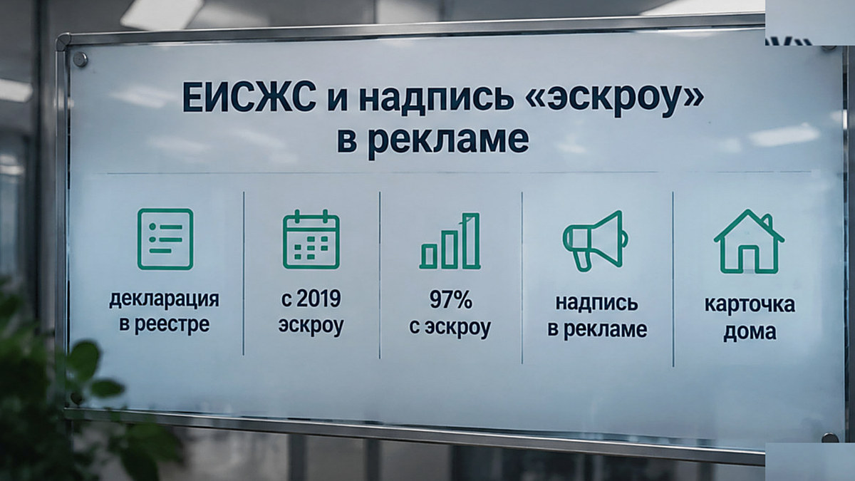 Таблица: ЕИСЖС, реестр и надпись «эскроу» в рекламе новостройки