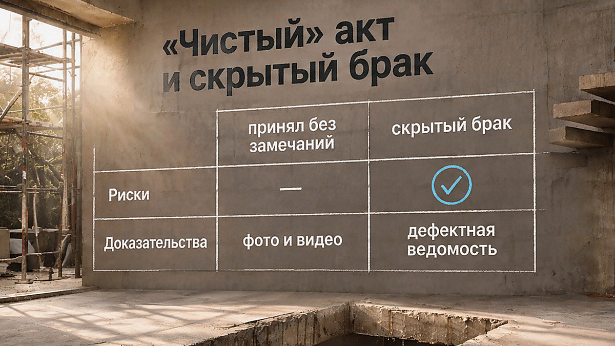 Сравнение: подпись акта без замечаний и скрытые дефекты
