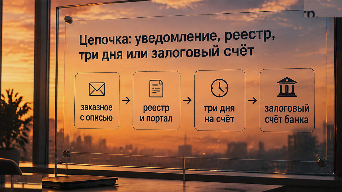 Диаграмма цепочки возврата: уведомление, реестр, три дня или залоговый счёт