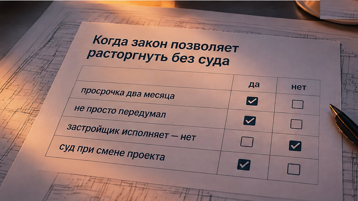 Таблица: когда закон позволяет расторгнуть договор долевого участия без суда