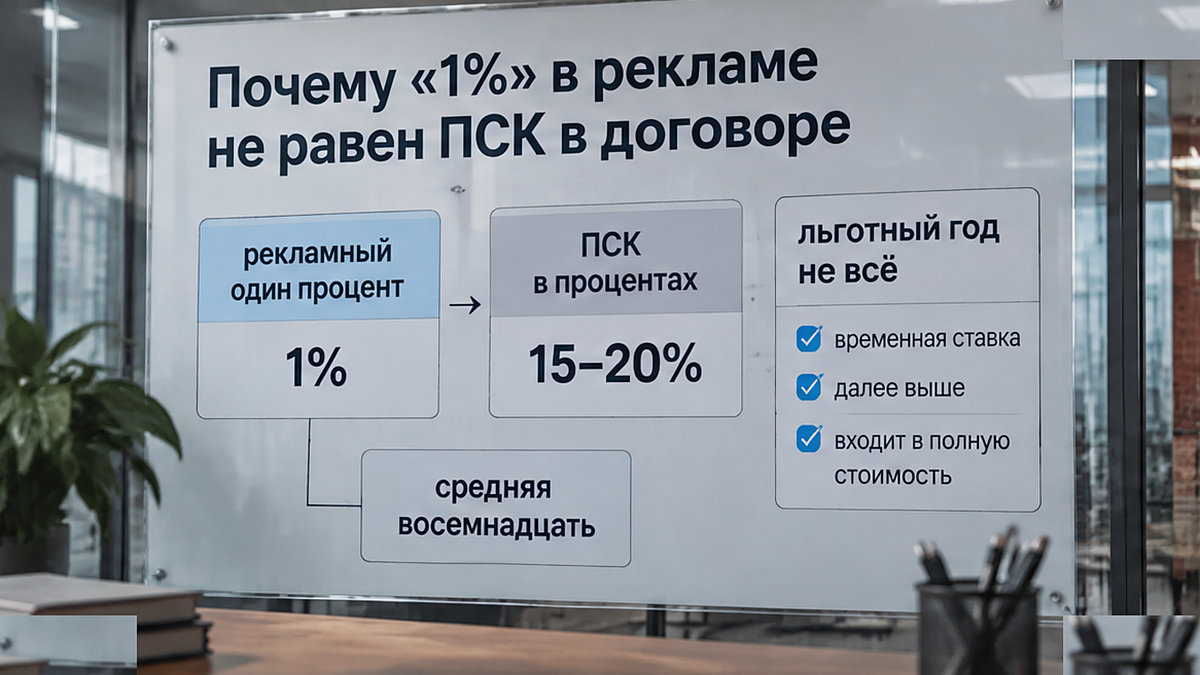 Сравнение рекламной ставки один процент и полной стоимости кредита в договоре