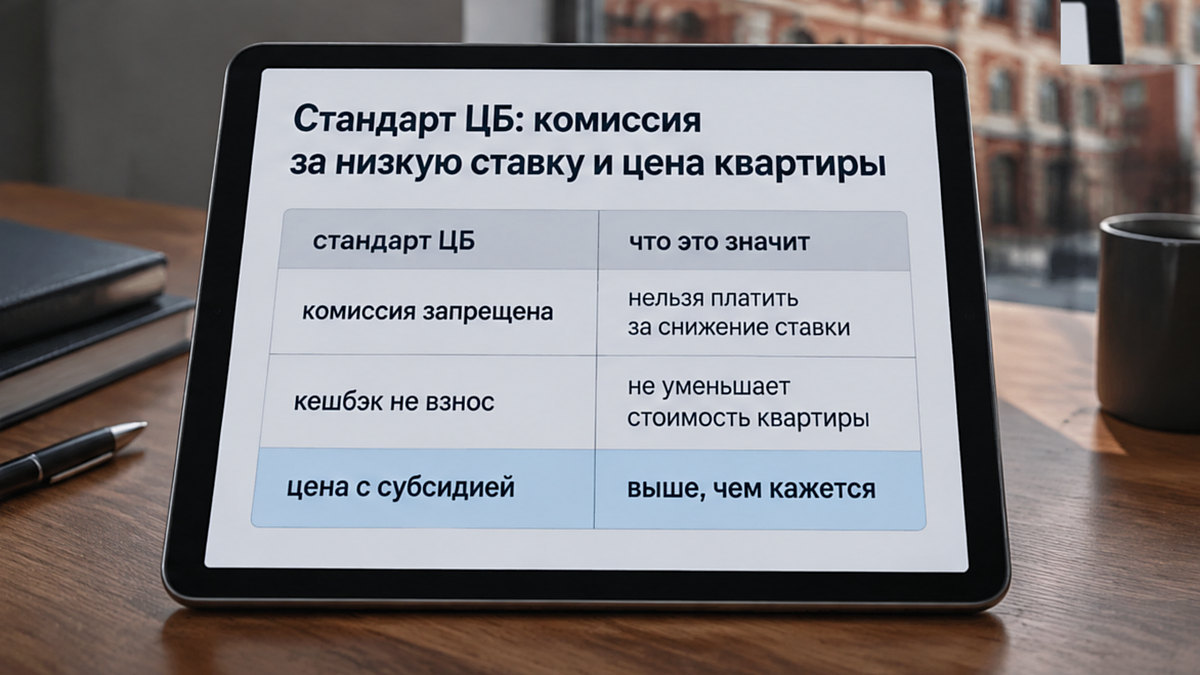 Таблица: стандарт ЦБ, запрет комиссии и цена квартиры с субсидией